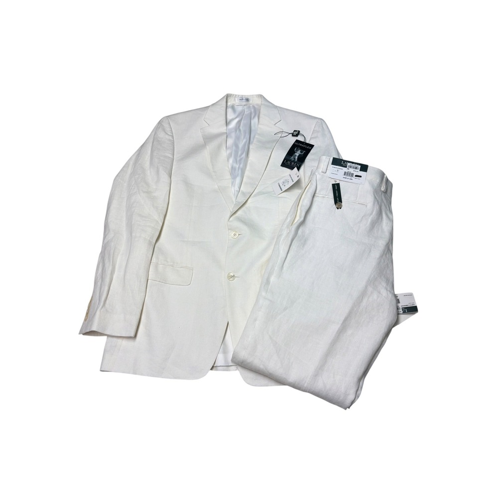 NWT Lauren Ralph Lauren Mens 40L 34X32 White 100% Linen Ultraflex Suit Set 2 Pc